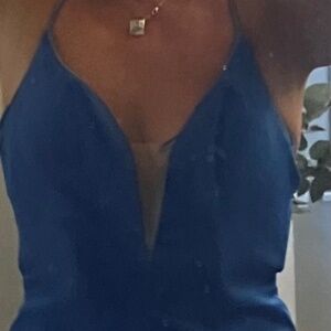 Full length gown spaghetti strap back. Illusion deep plunge neckline